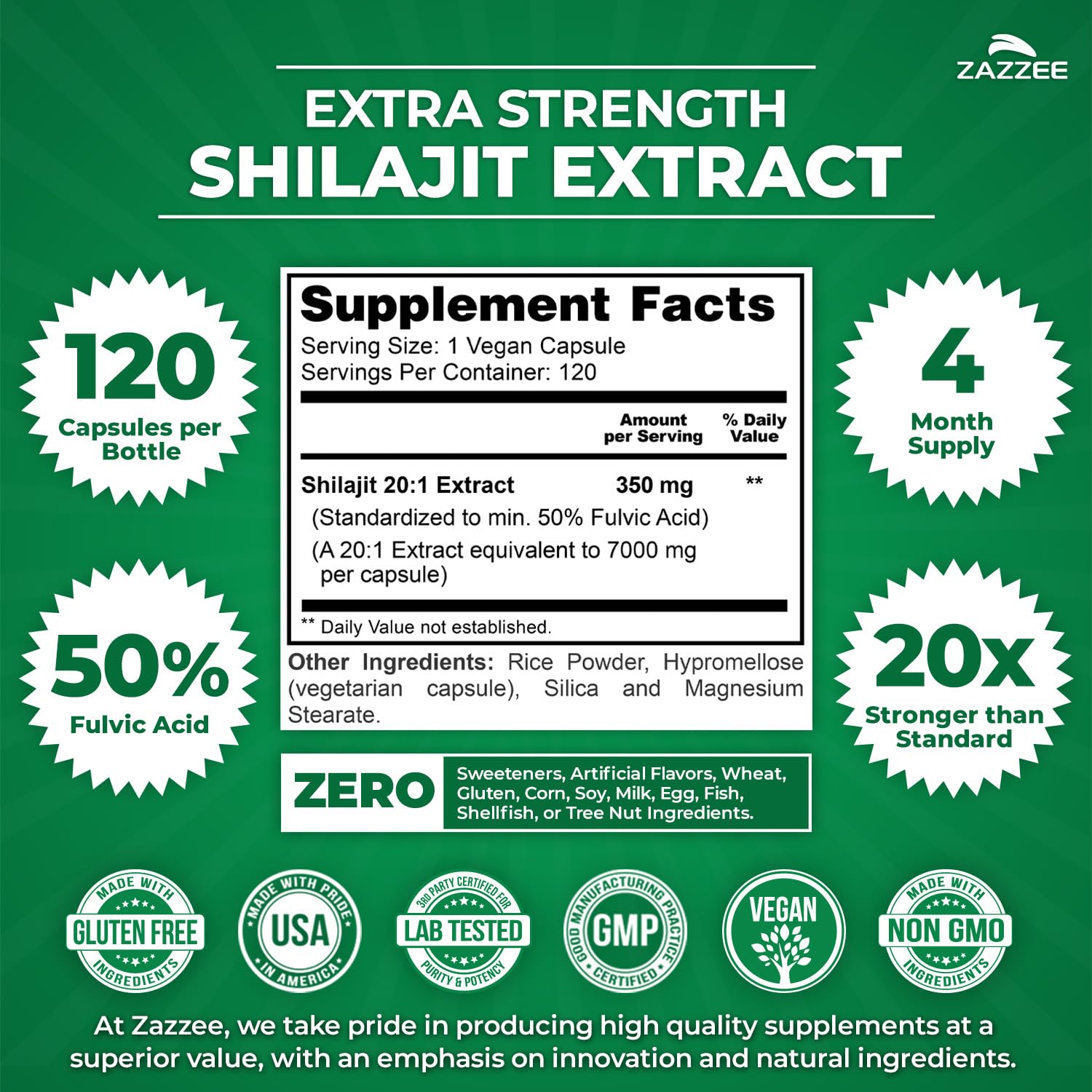 Zazzee extra strength shilajit twenty to one extract capsule bottle showing supplement facts and ingredients