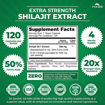 Zazzee extra strength shilajit twenty to one extract capsule bottle showing supplement facts and ingredients