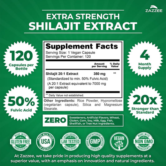 Zazzee extra strength shilajit twenty to one extract capsule bottle showing supplement facts and ingredients