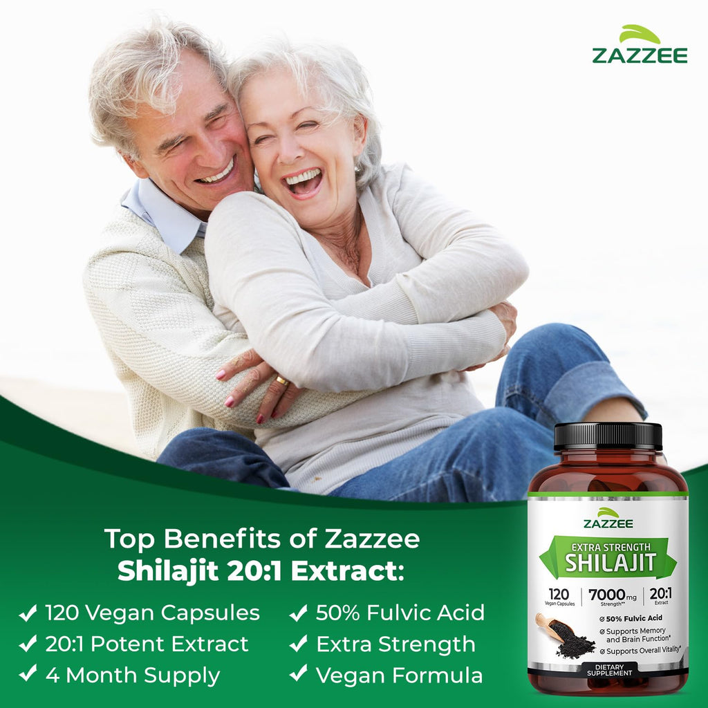 Premium imported Zazzee shilajit capsules containing fifty percent fulvic acid for natural energy boost