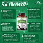 Close up of Zazzee seventy hundred milligrams strength shilajit capsule showing dietary purity