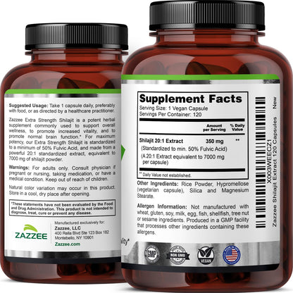 Zazzee pure Himalayan shilajit extract dietary supplement bottle against a clean secure background