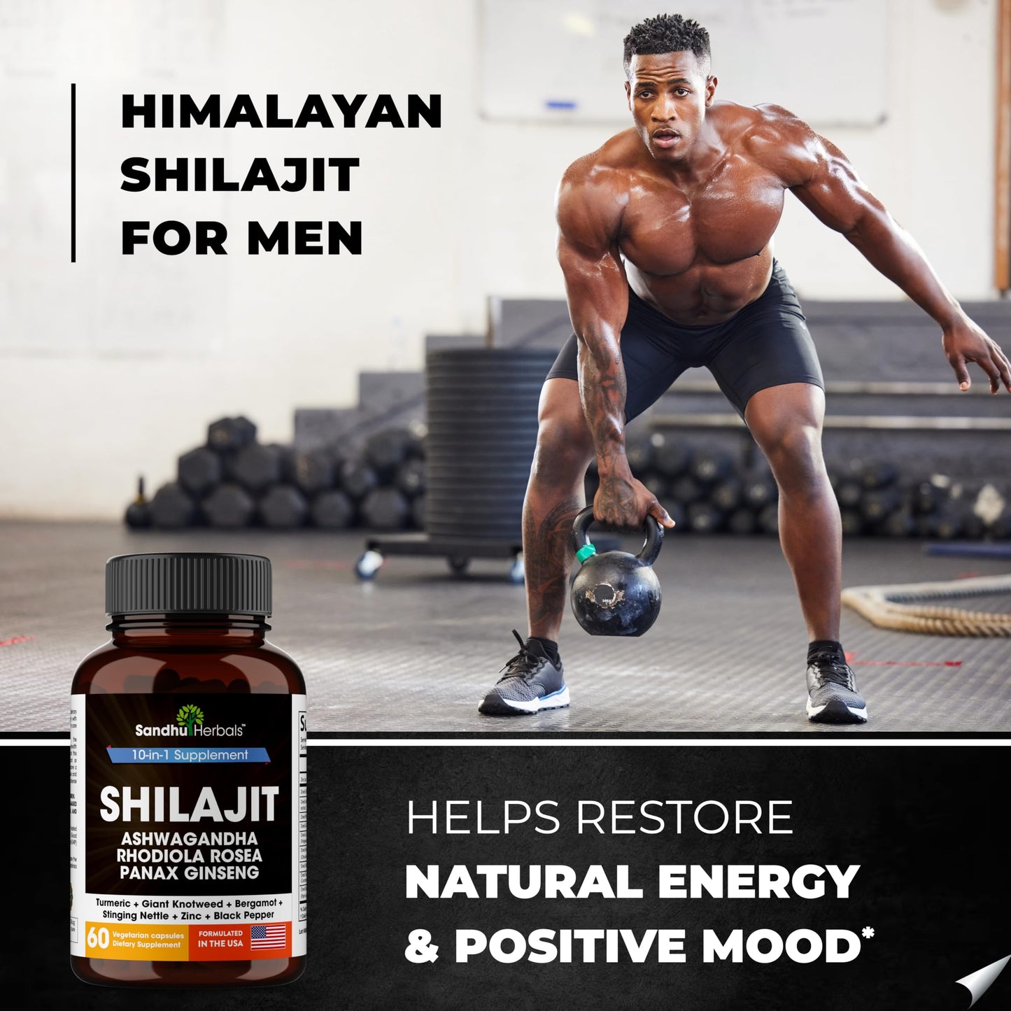 Premium USA imported Sandhu Herbals Shilajit capsules showing nutritional facts and dosage instructions.