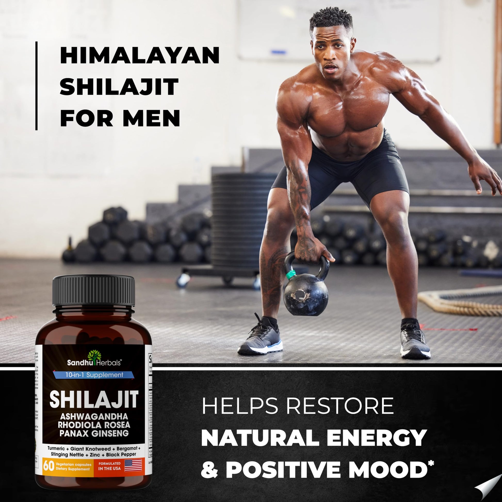 Premium USA imported Sandhu Herbals Shilajit capsules showing nutritional facts and dosage instructions.