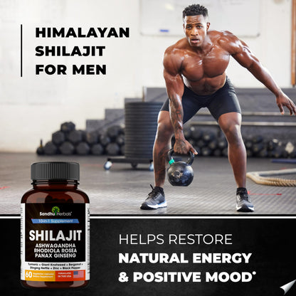 Premium USA imported Sandhu Herbals Shilajit capsules showing nutritional facts and dosage instructions.