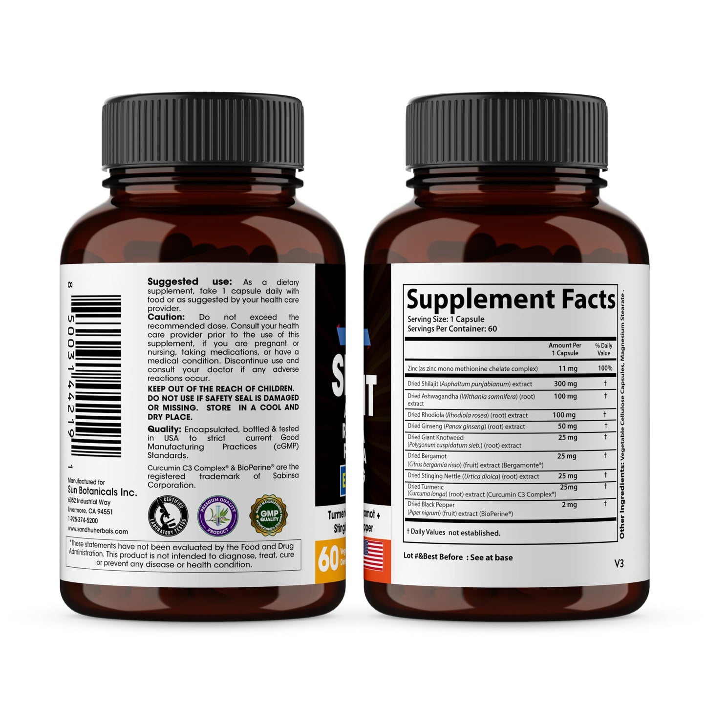 Sandhu Herbals Shilajit and Ashwagandha 60 count dietary supplement container placed upright.