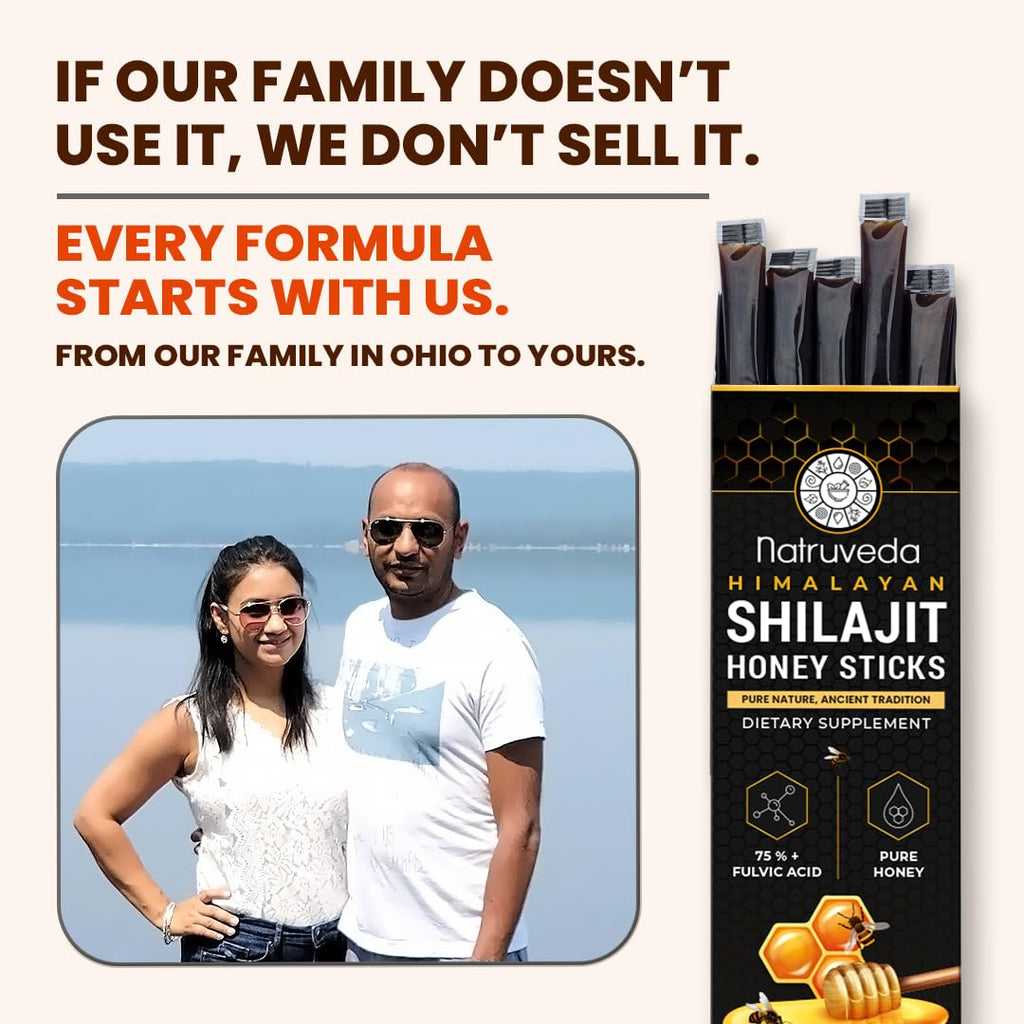 Natruveda pure shilajit and saffron blend product layout with 10 single serve packs