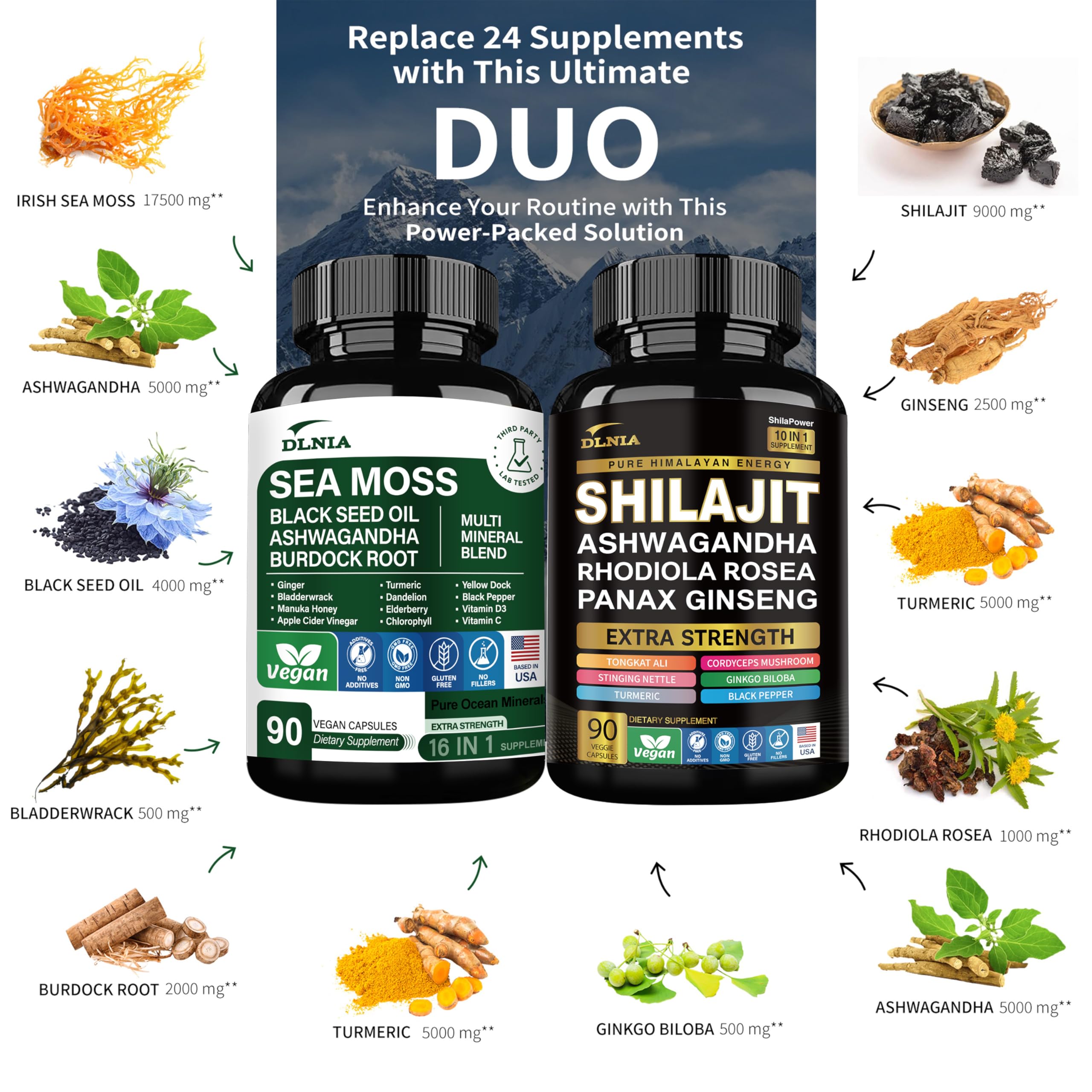 DLNIA ten in one formula capsule bottle showing supplement facts and USA manufactured label