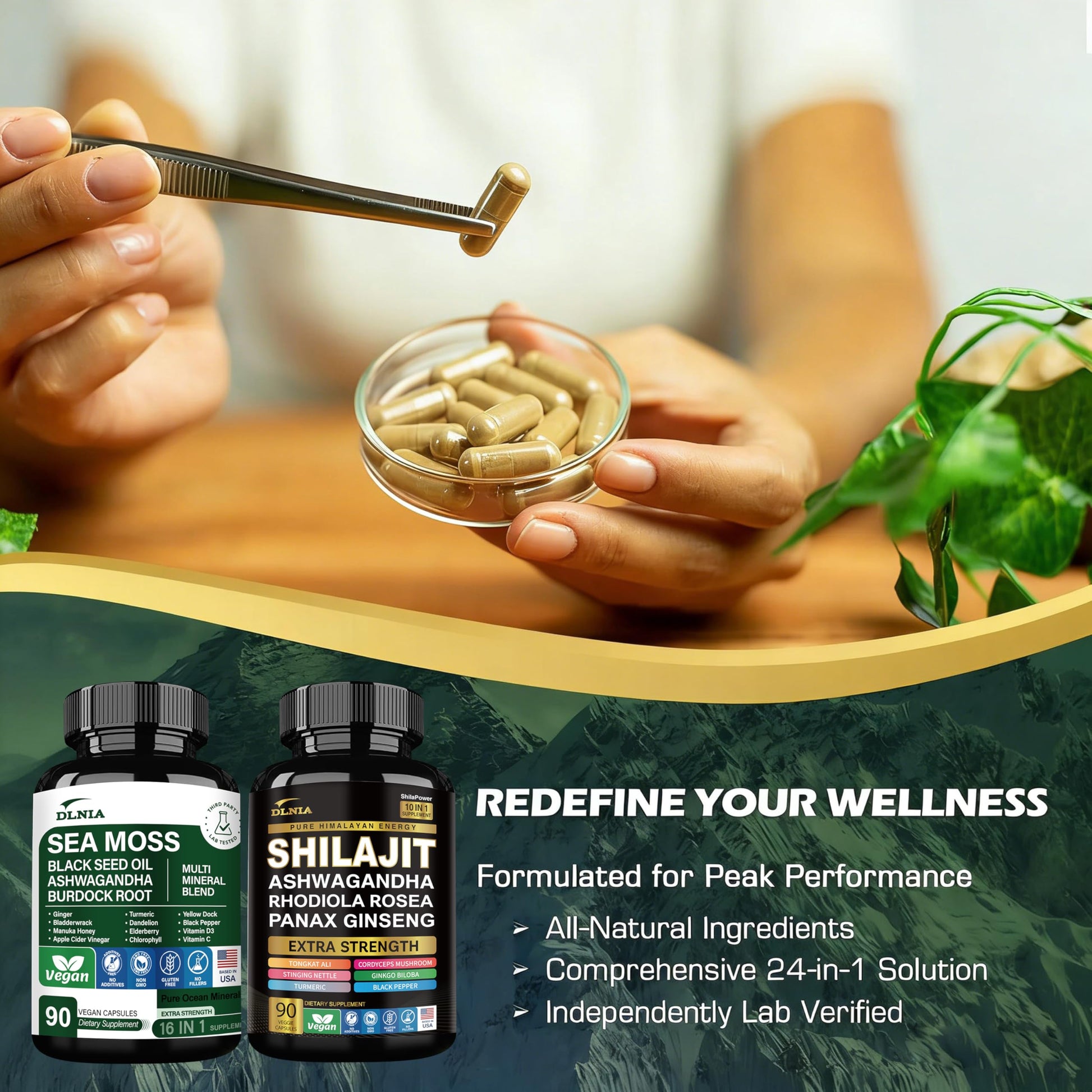 Close up of DLNIA superfood complex bottle highlighting ashwagandha and Panax ginseng benefits