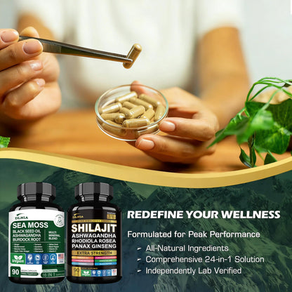 Close up of DLNIA superfood complex bottle highlighting ashwagandha and Panax ginseng benefits