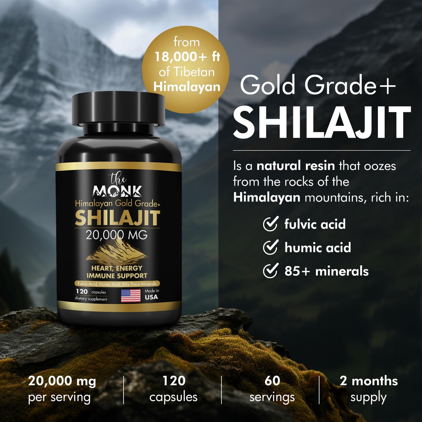 The Monk Himalayan shilajit dietary supplement capsules side label showing mineral and fulvic acid facts.