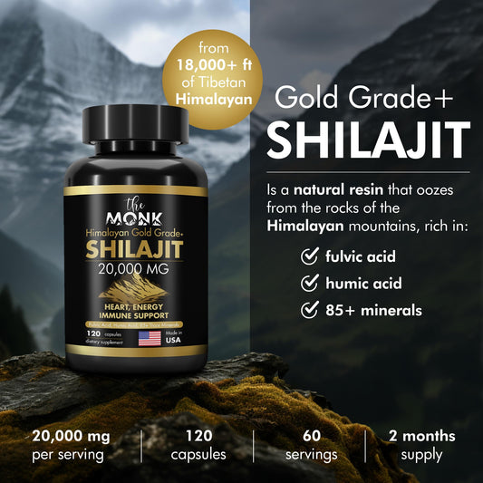 The Monk Himalayan shilajit dietary supplement capsules side label showing mineral and fulvic acid facts.