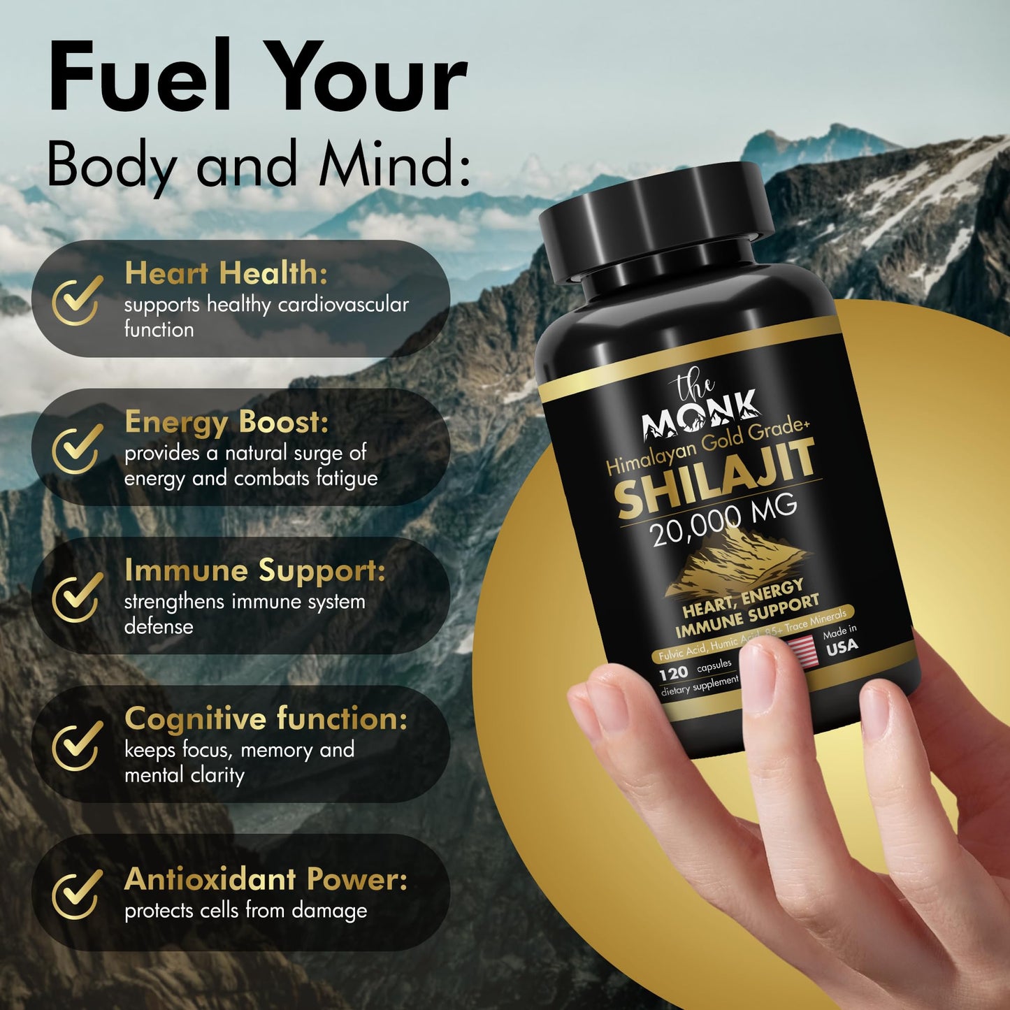 Premium organic shilajit capsules by The Monk displaying 20000 milligrams formula strength.