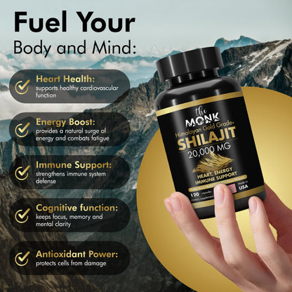 Premium organic shilajit capsules by The Monk displaying 20000 milligrams formula strength.
