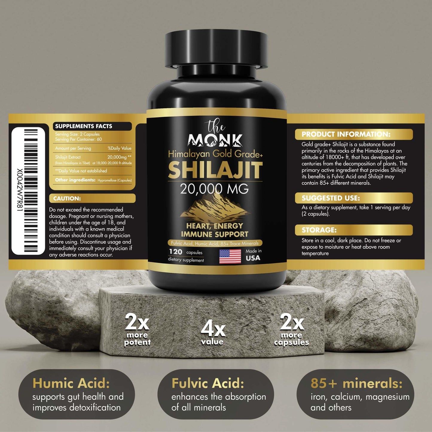 Authentic USA imported The Monk shilajit capsules container for brain and immune support.