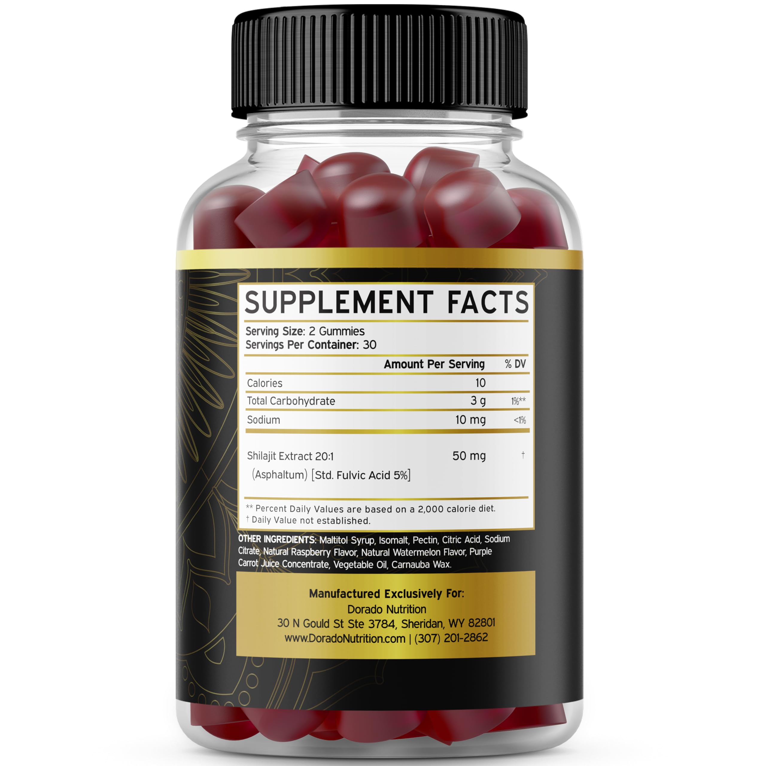 Dorado Nutrition Gold Grade Himalayan shilajit gummies nutritional facts and ingredients label