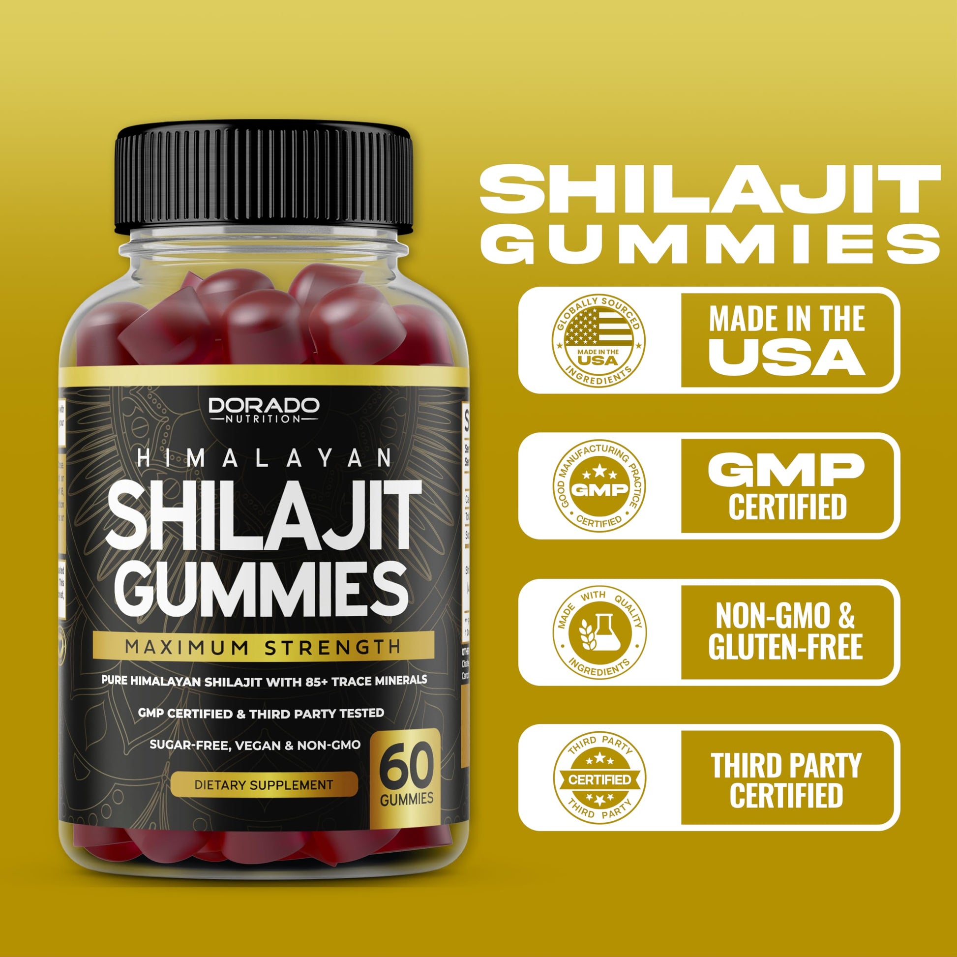Dorado Nutrition 60 count shilajit gummies packaging for men and women health