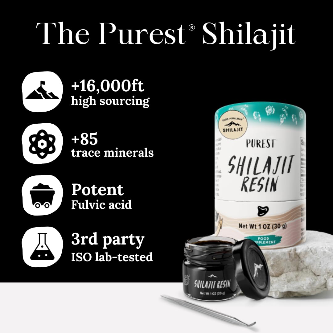 Pure Himalayan Shilajit mineral supplement jar with included metal measuring spoon