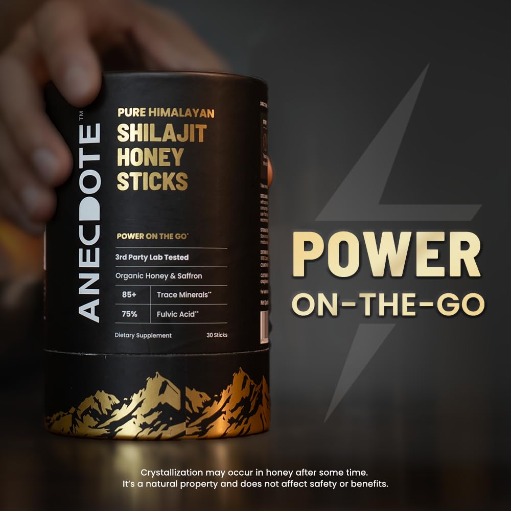 Anecdote Shilajit Honey with Saffron packaging showcasing thirty individually wrapped single-serve sticks.