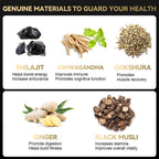 Grevol Pure Himalayan Shilajit Gold Grade dietary supplement packaging highlighting KSM 66 Ashwagandha and Fulvic Acid ingredients.