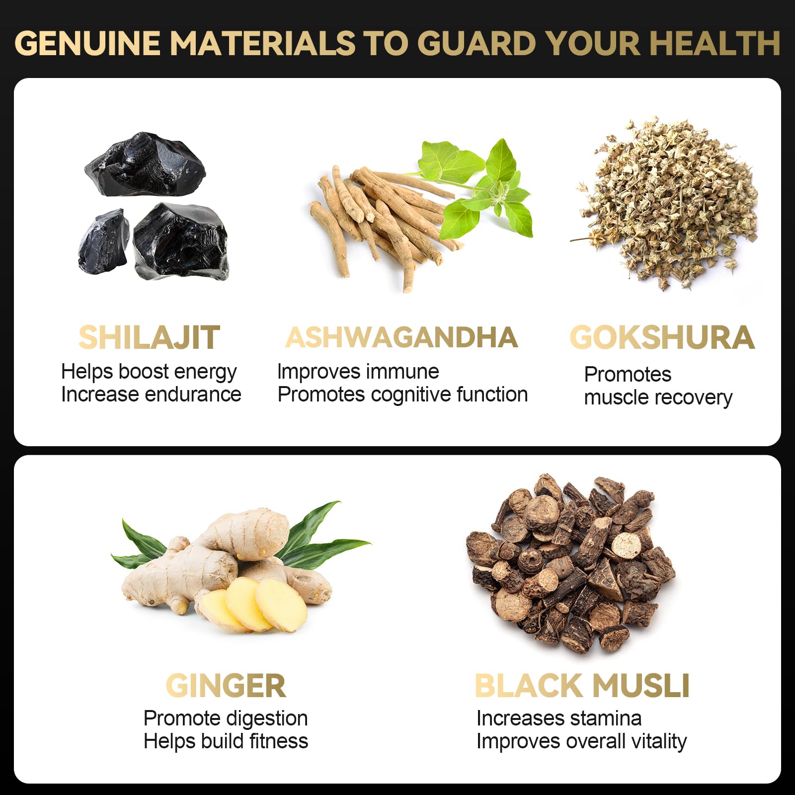 Grevol Pure Himalayan Shilajit Gold Grade dietary supplement packaging highlighting KSM 66 Ashwagandha and Fulvic Acid ingredients.