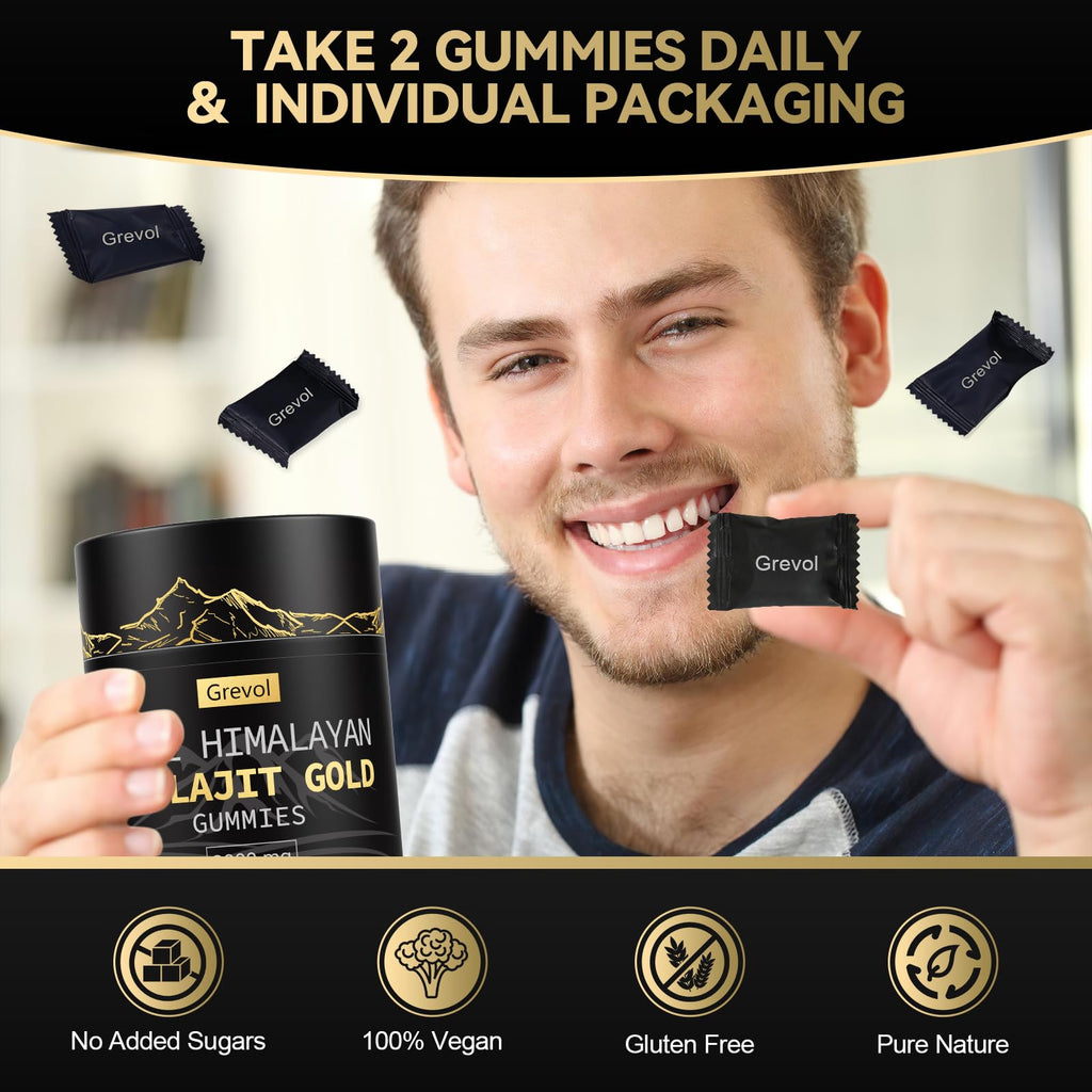 Grevol Himalayan Shilajit Gummies highlighting benefits for stamina, stress reduction, and 85 plus trace minerals.