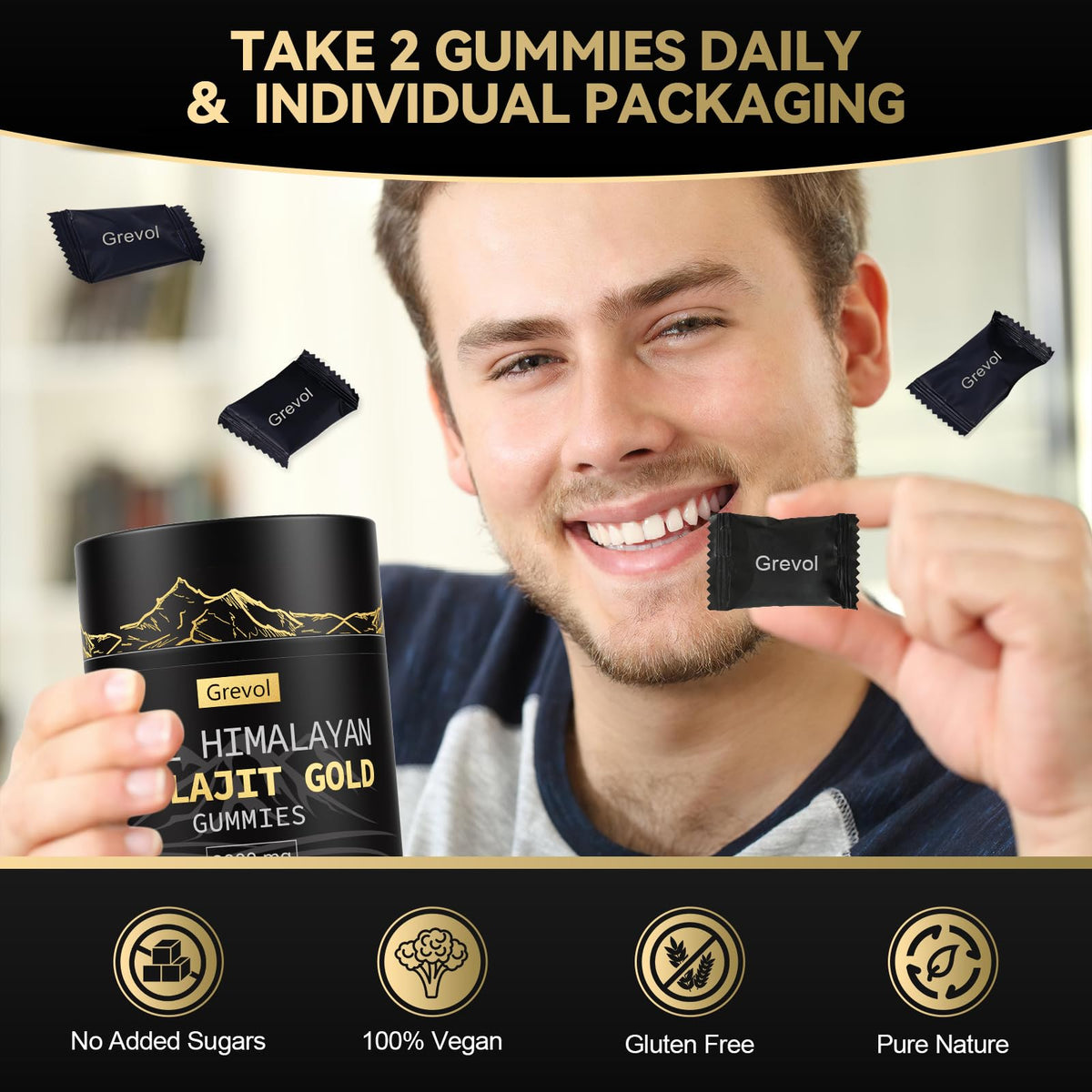Grevol Himalayan Shilajit Gummies highlighting benefits for stamina, stress reduction, and 85 plus trace minerals.