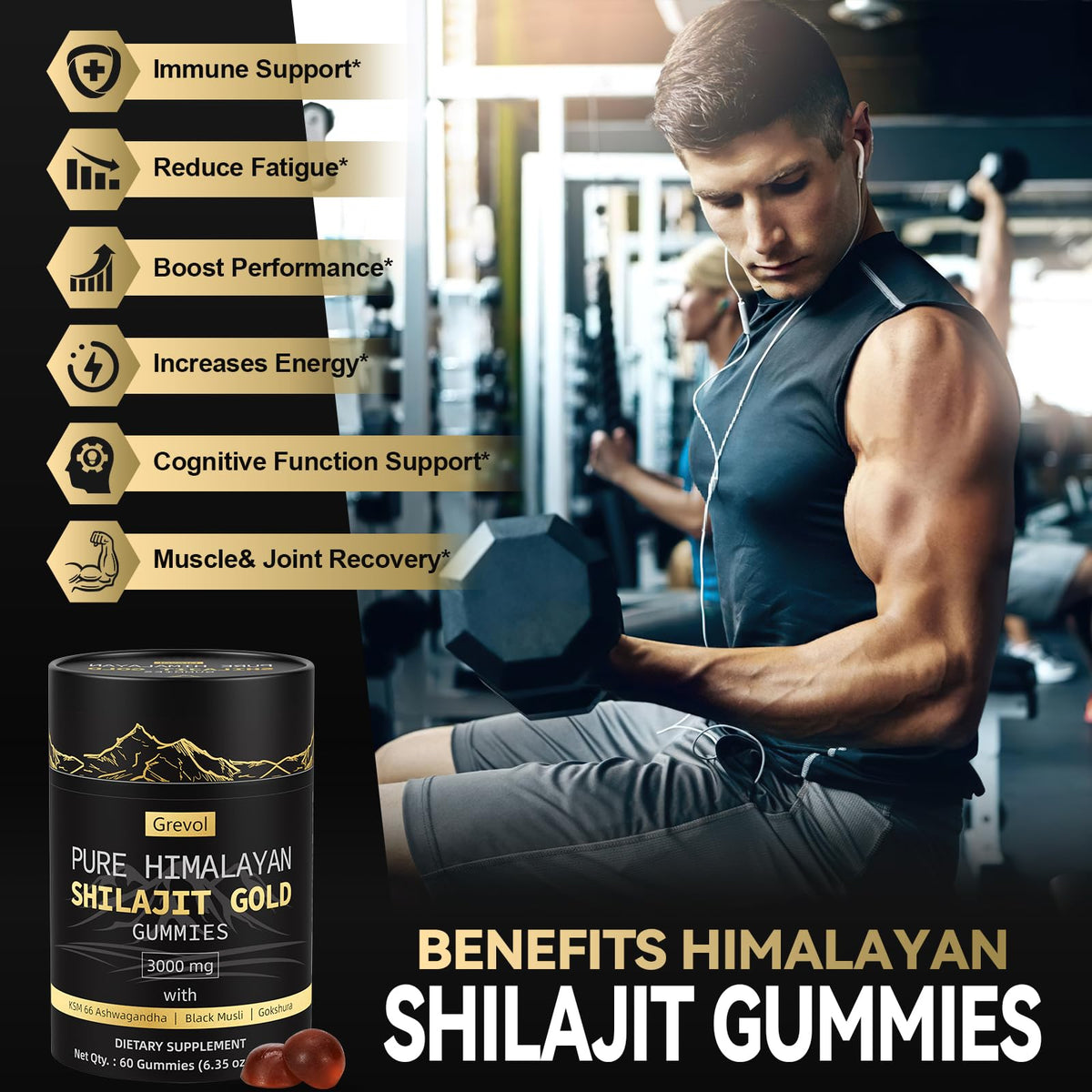 Authentic imported Grevol Shilajit Gold Grade supplement bottle emphasizing its premium high-altitude Himalayan sourcing.