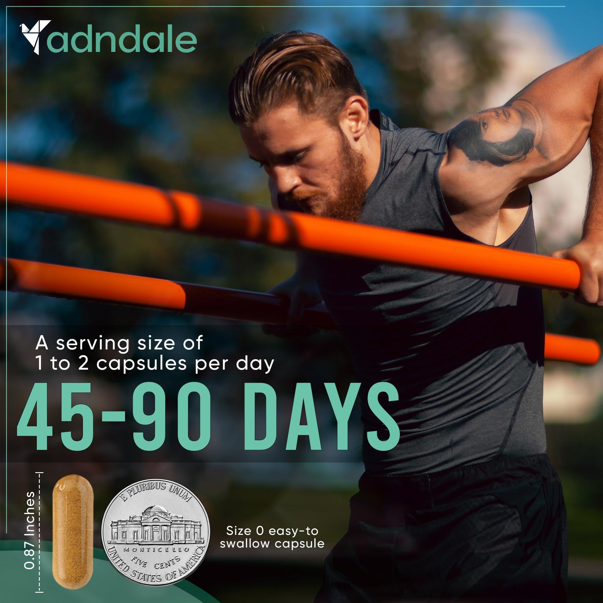 Side angle view of the Adndale nutritional supplement bottle showing directions for use.