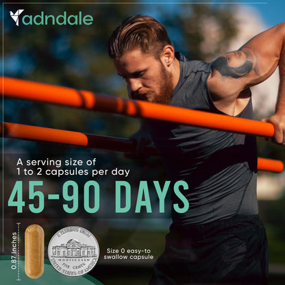 Side angle view of the Adndale nutritional supplement bottle showing directions for use.
