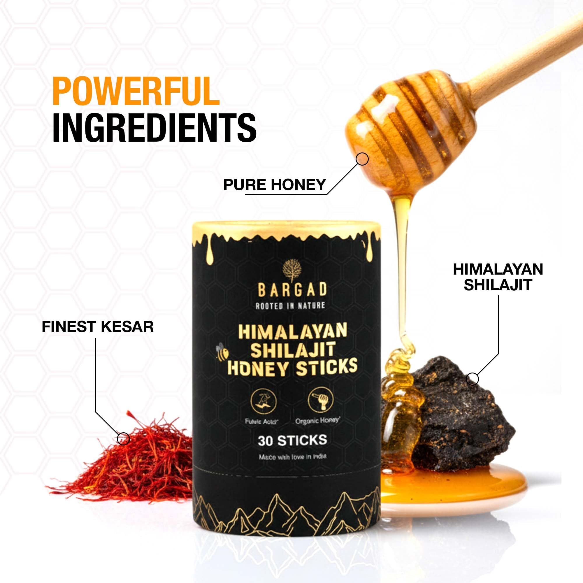 Bargad shilajit resin honey sticks with saffron ingredients display