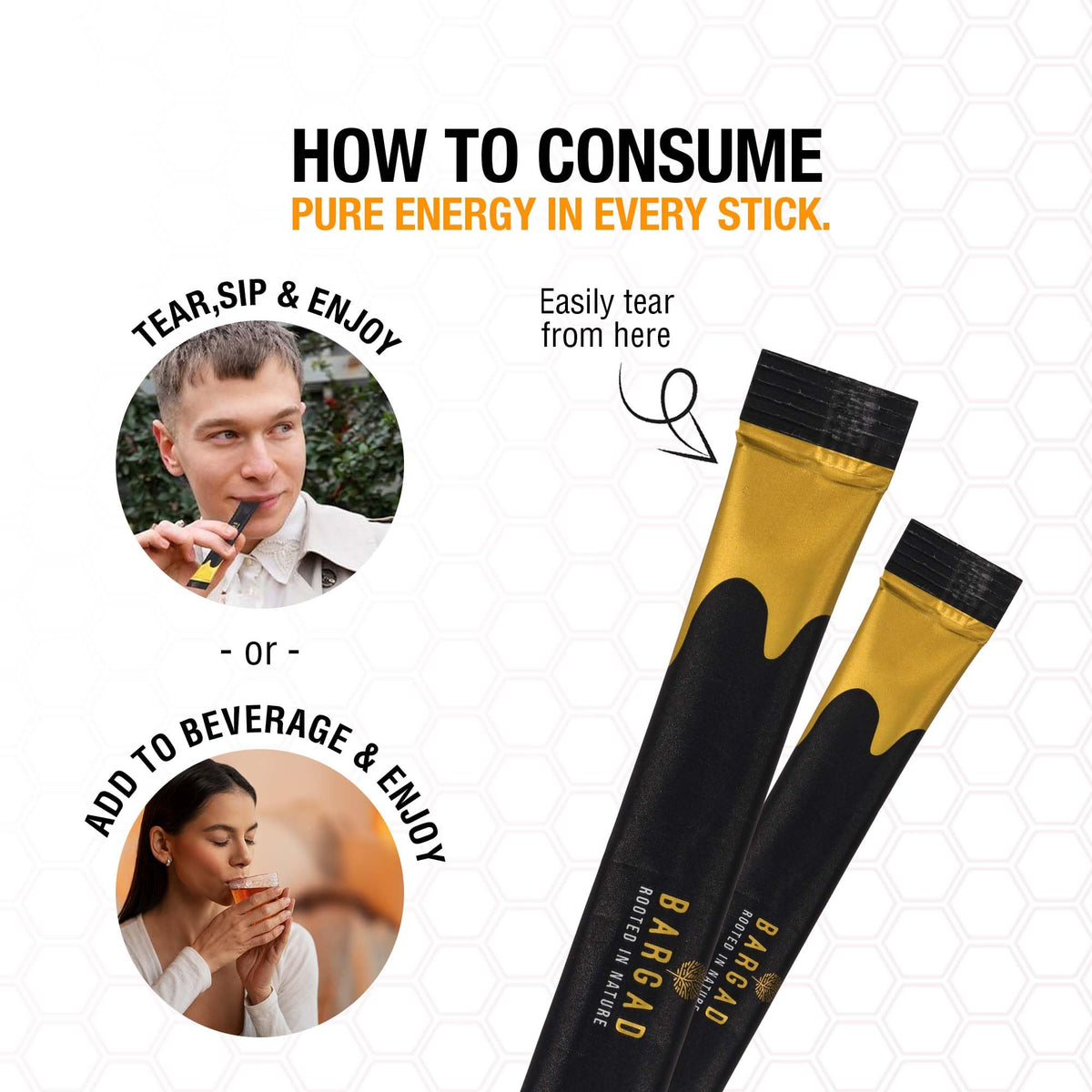 Single-use shilajit honey packet being poured into warm water