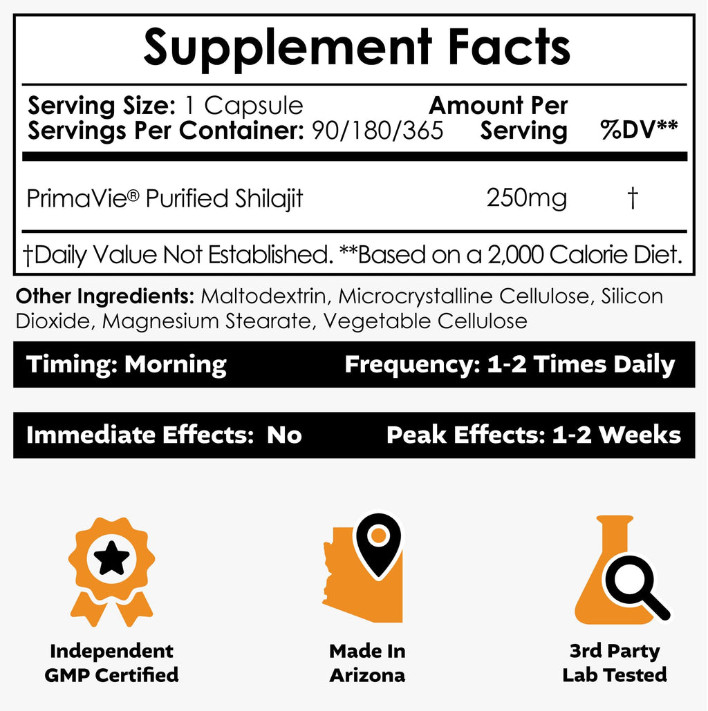 Nootropics Depot Shilajit 90 capsules packaging displaying product benefits for mitochondrial function.