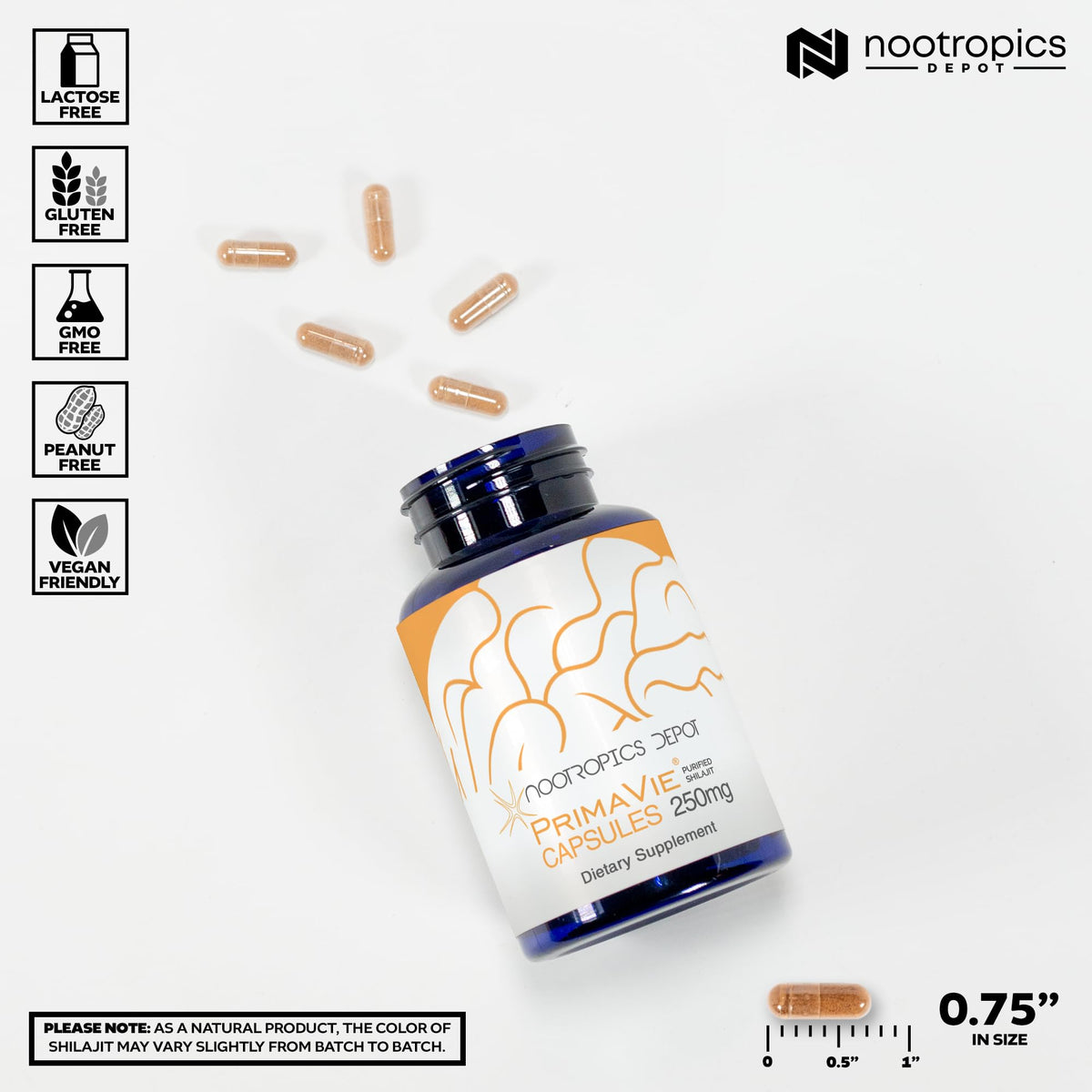 Premium imported PrimaVie Shilajit supplement capsule count and standard ingredient label details.