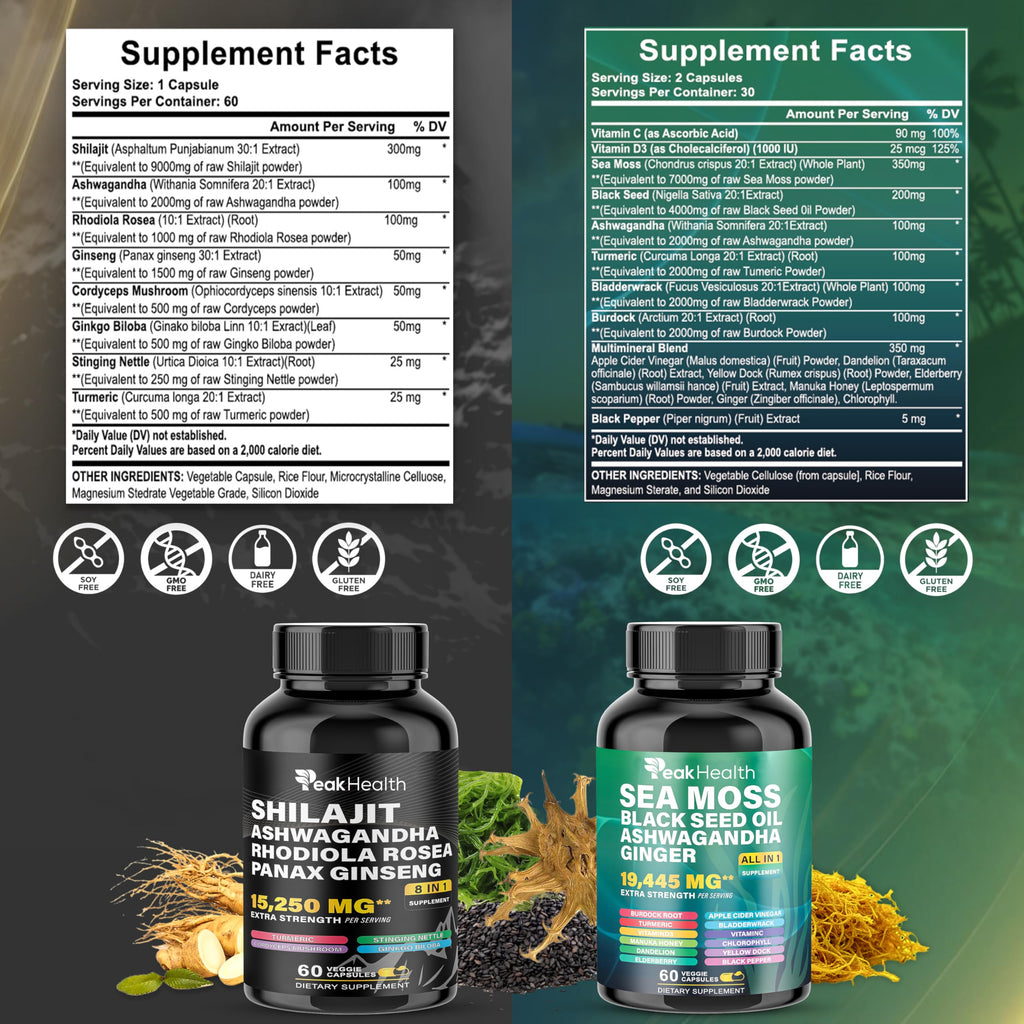 Peakhealth 32-in-1 plant-based dietary supplement veggie capsules showing premium ingredients list