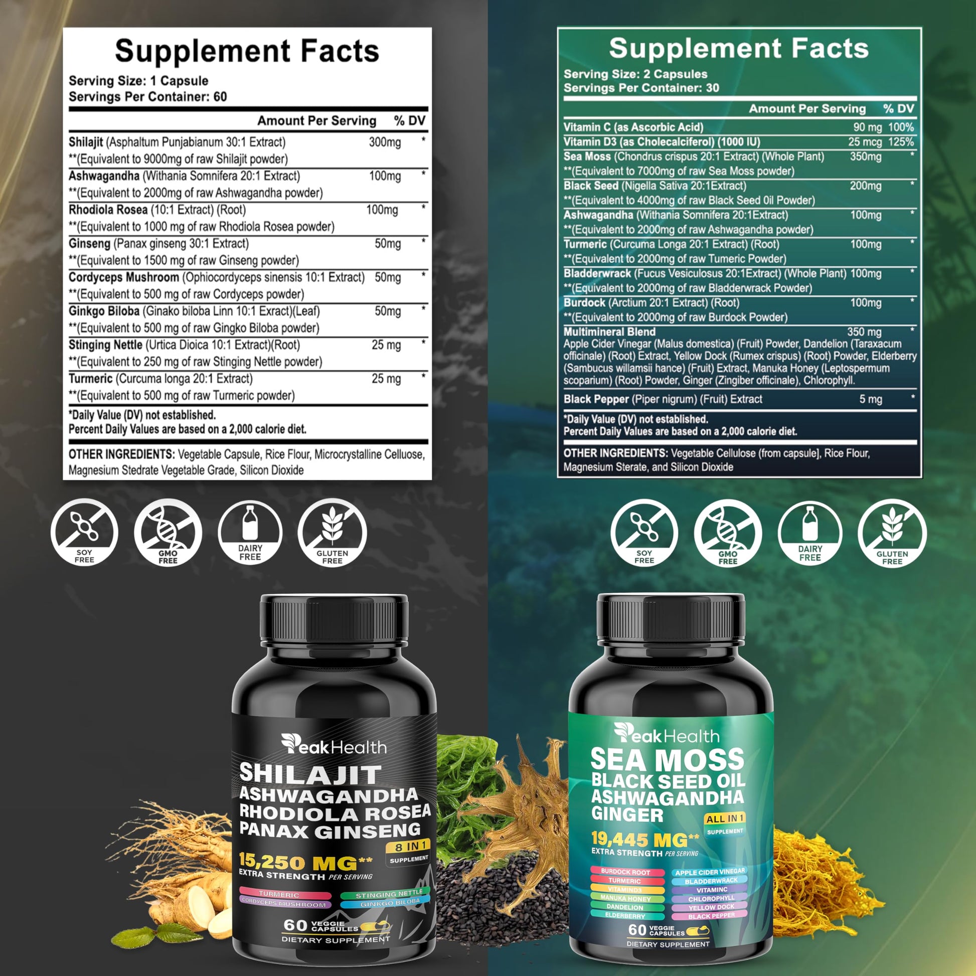 Peakhealth 32-in-1 plant-based dietary supplement veggie capsules showing premium ingredients list