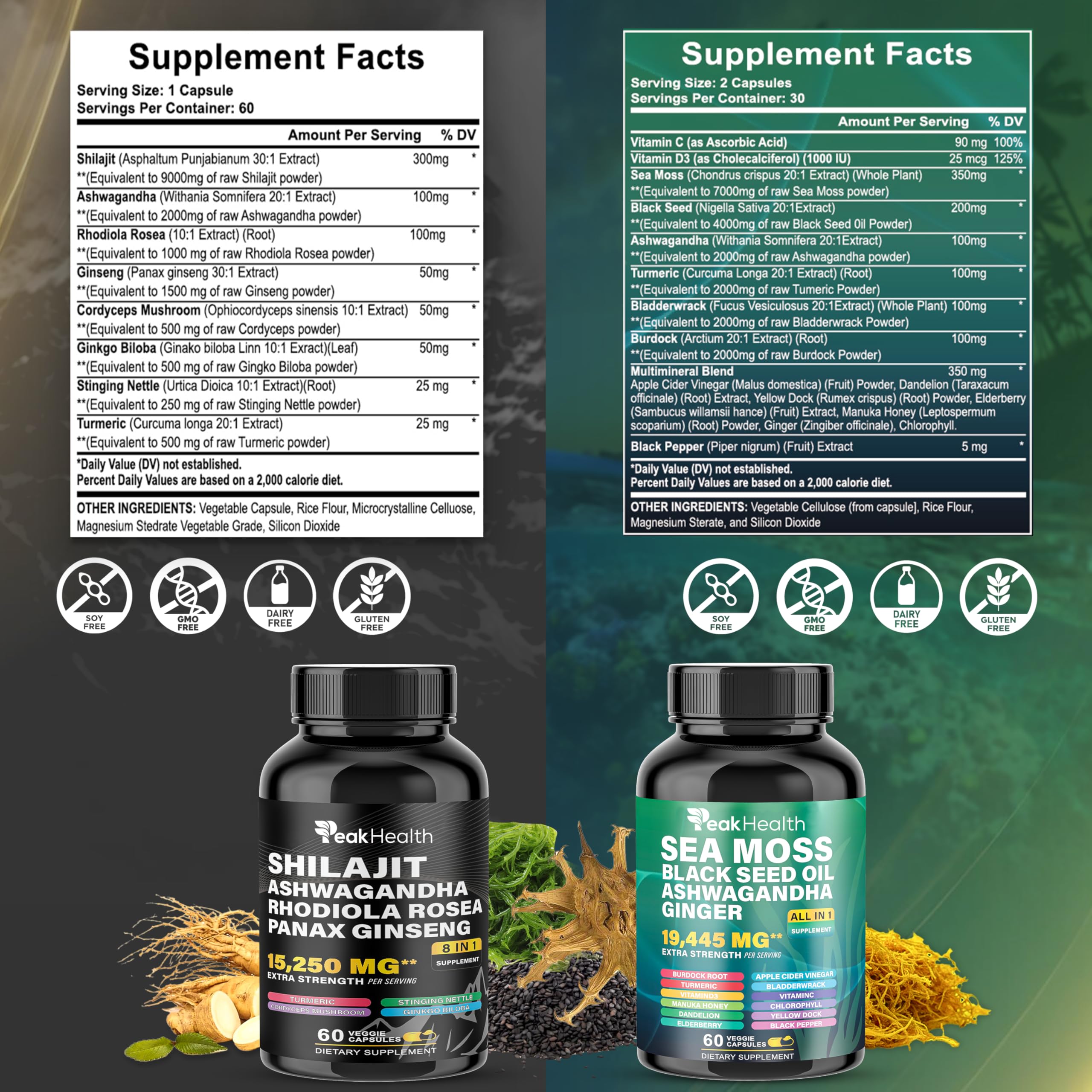 Peakhealth 32-in-1 plant-based dietary supplement veggie capsules showing premium ingredients list