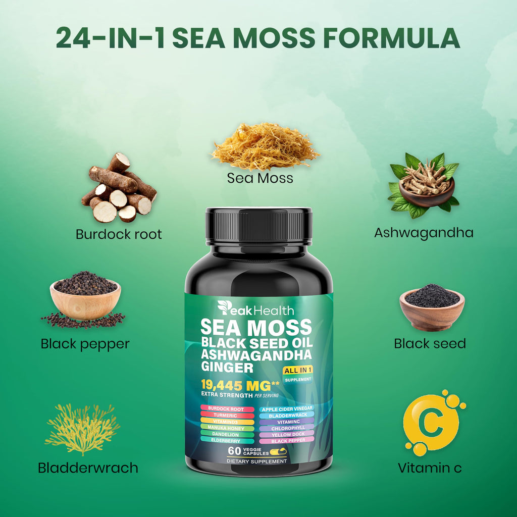 Peakhealth sea moss and shilajit bundle featuring 19445 mg per serving blend specifications