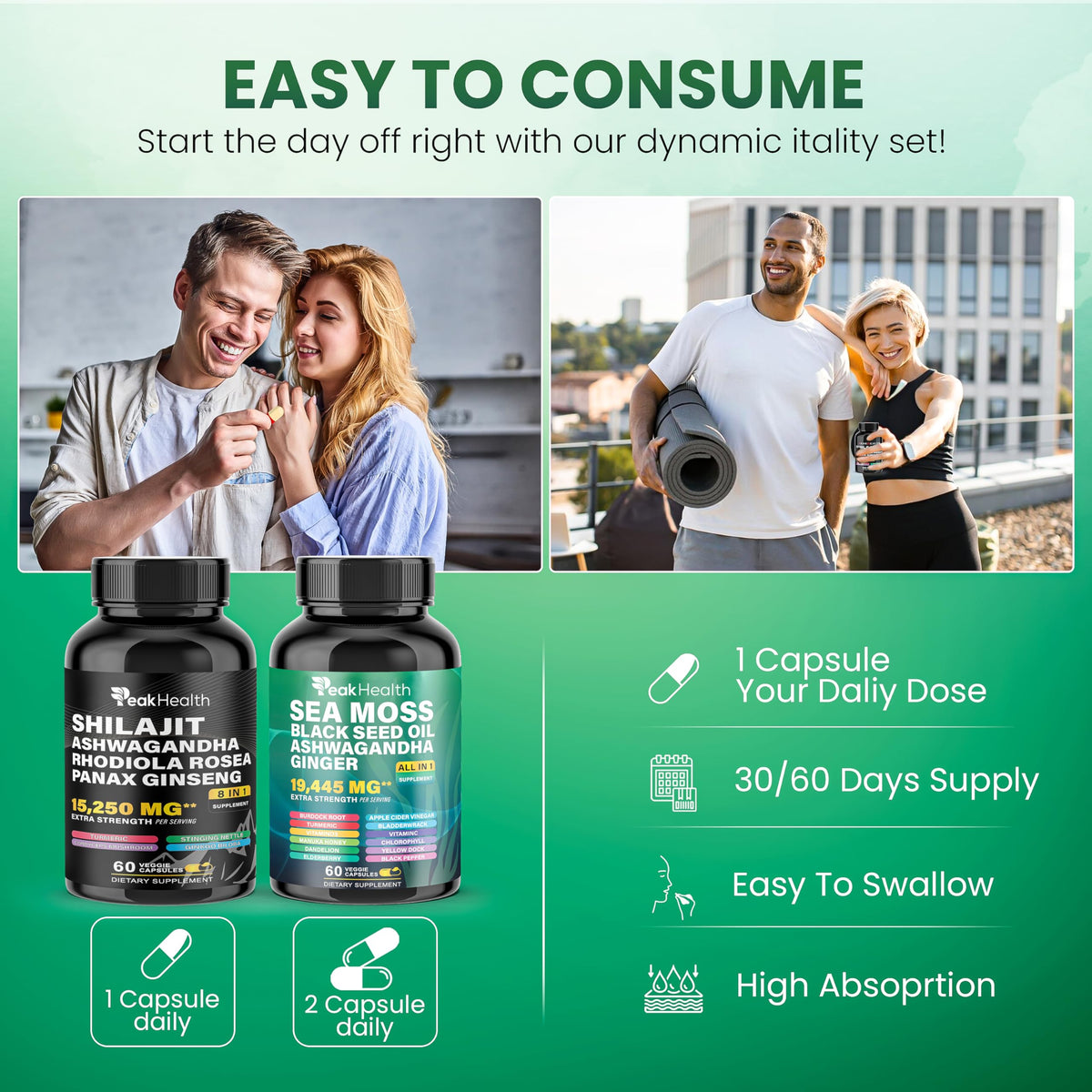 Peakhealth premium USA imported health capsules showing clean vegan formulation label details