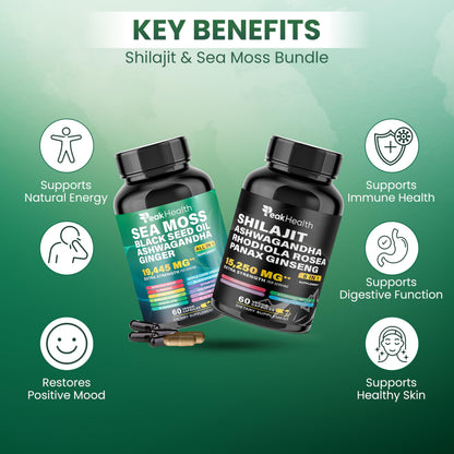 Two bottle package of Peakhealth shilajit sea moss complex displayed clearly on white background