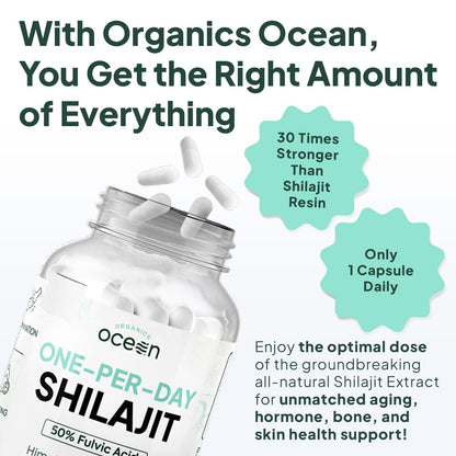 Premium Himalayan shilajit extract capsules packaging showing dosage instructions and dietary supplement facts.