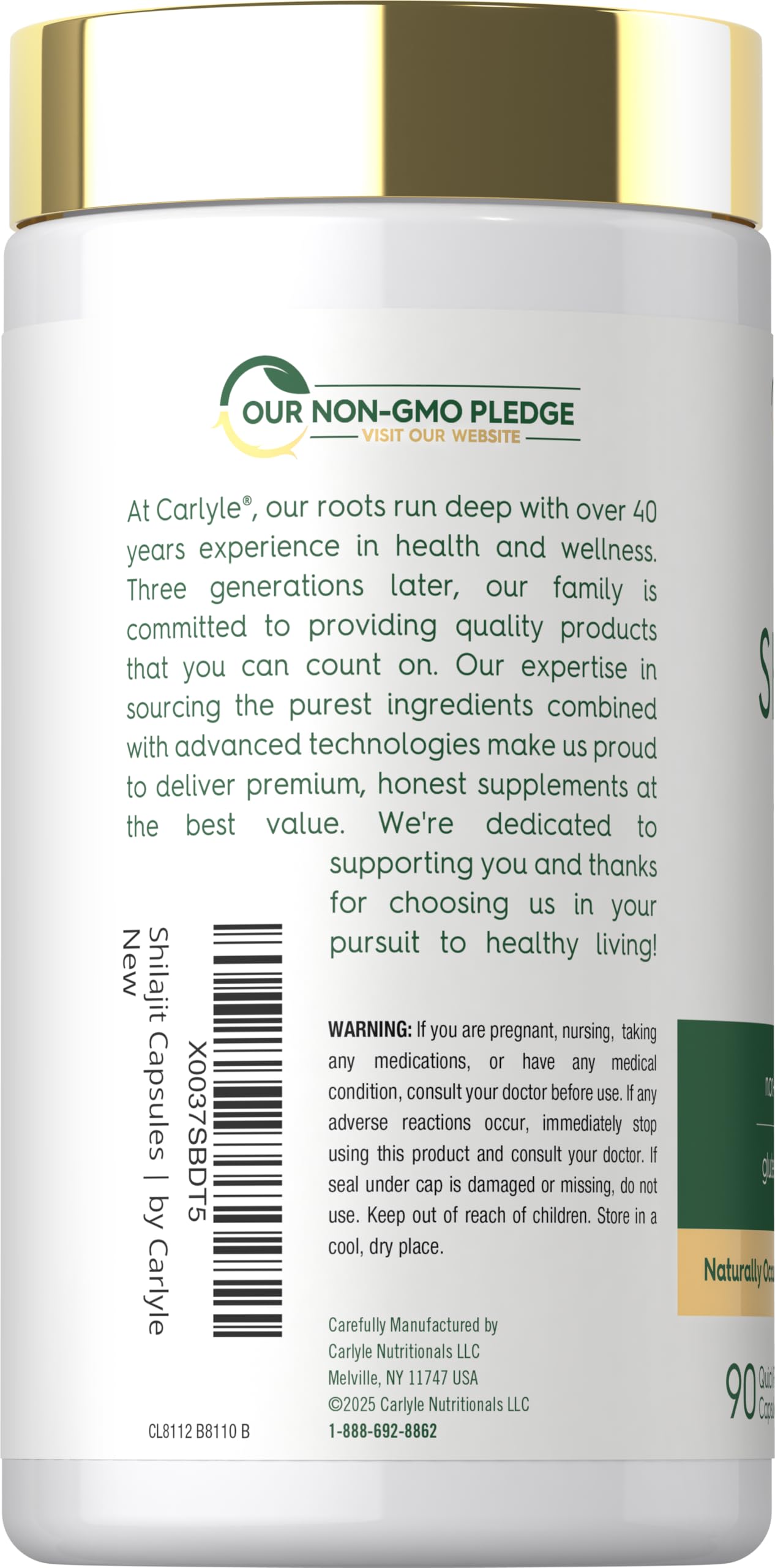 Non GMO and gluten free Shilajit capsules supplement packaging back view