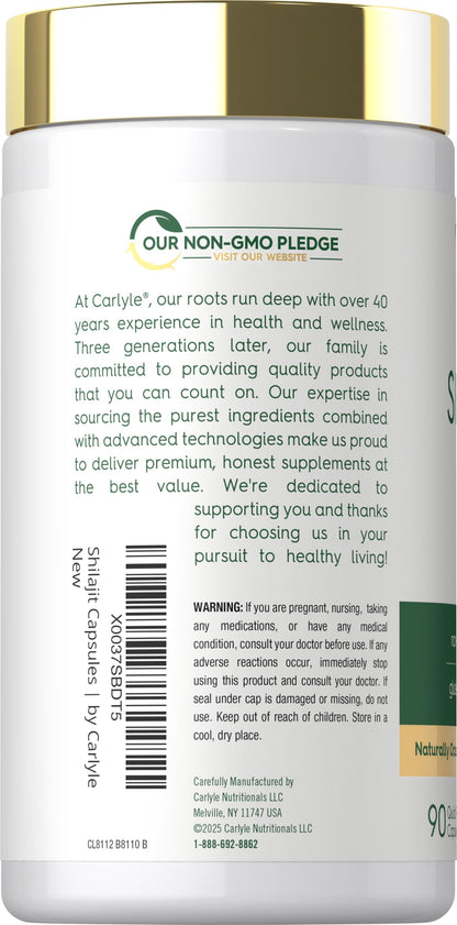 Non GMO and gluten free Shilajit capsules supplement packaging back view