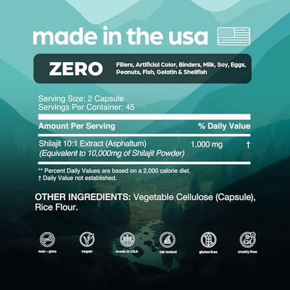 Artnaturals Thinbi authentic USA imported shilajit capsules showing non GMO and gluten free certifications.