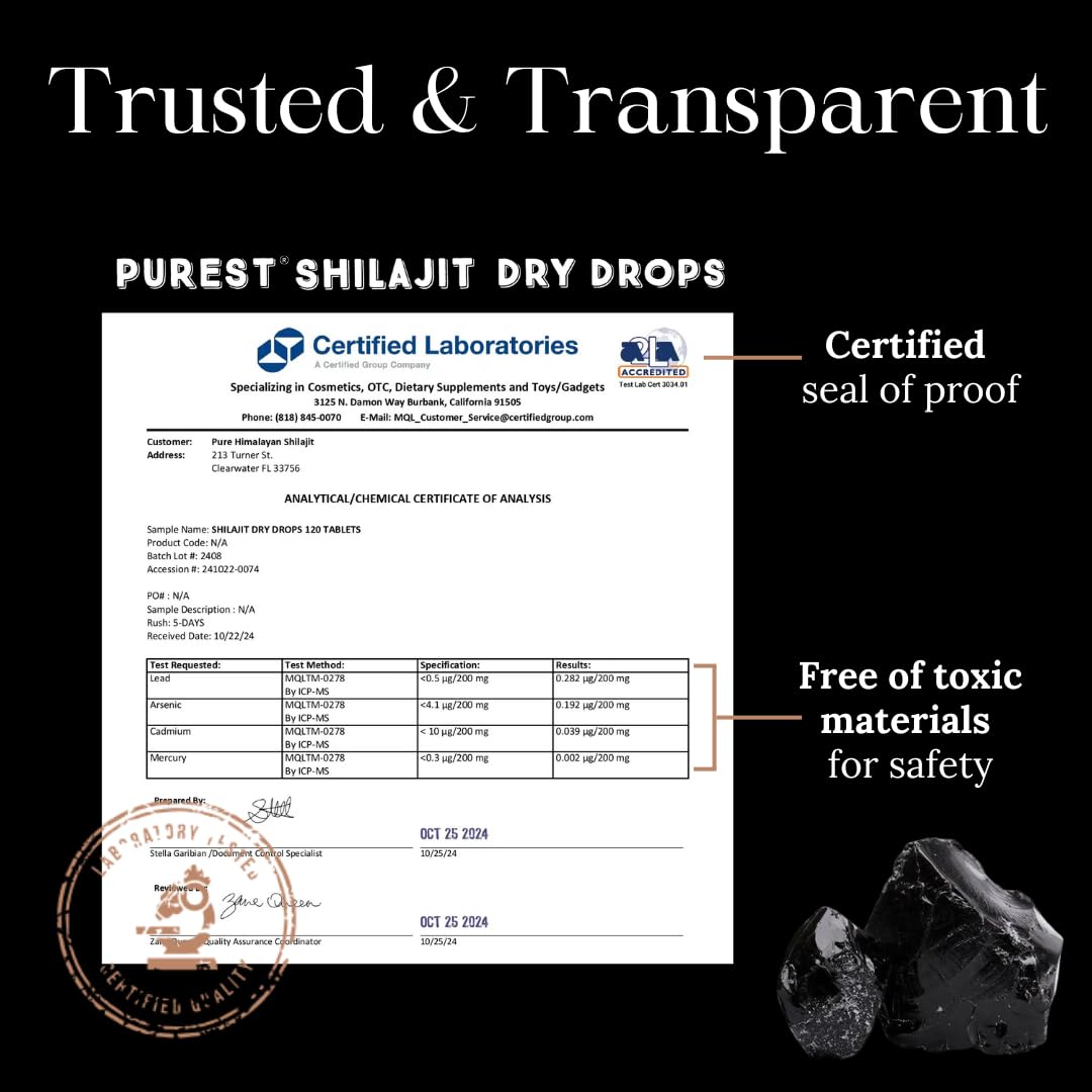 Pure Himalayan Shilajit dietary supplement packaging showing the high potency trace minerals verification label.