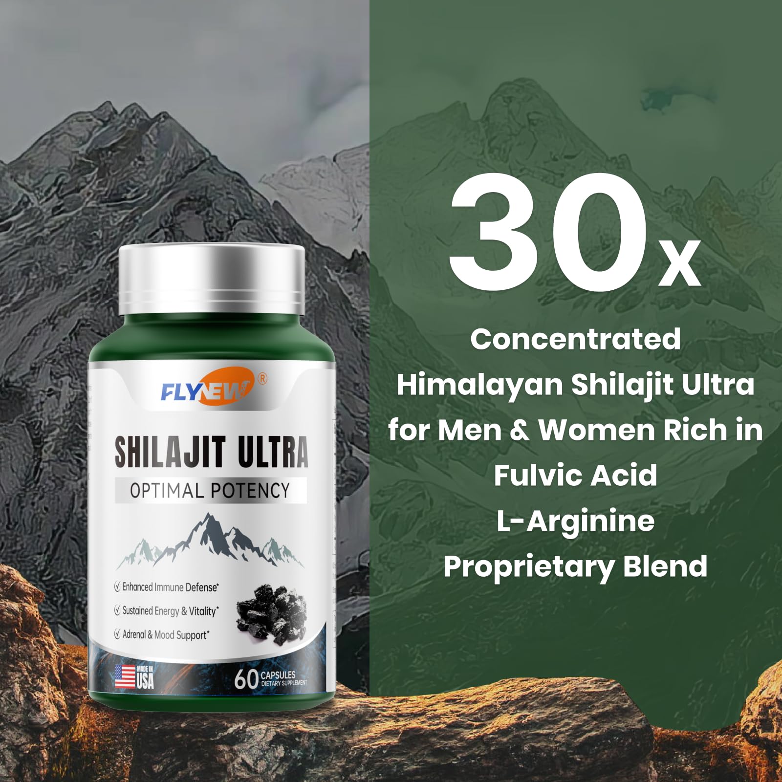 Flynew Himalayan shilajit extract supplement bottle showing silver branding cap