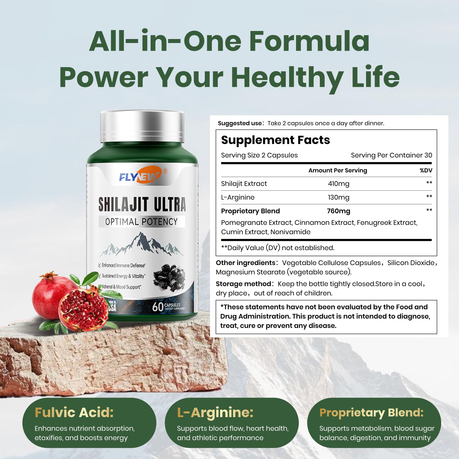 Flynew premium shilajit extract with fifty percent fulvic acid bottle top