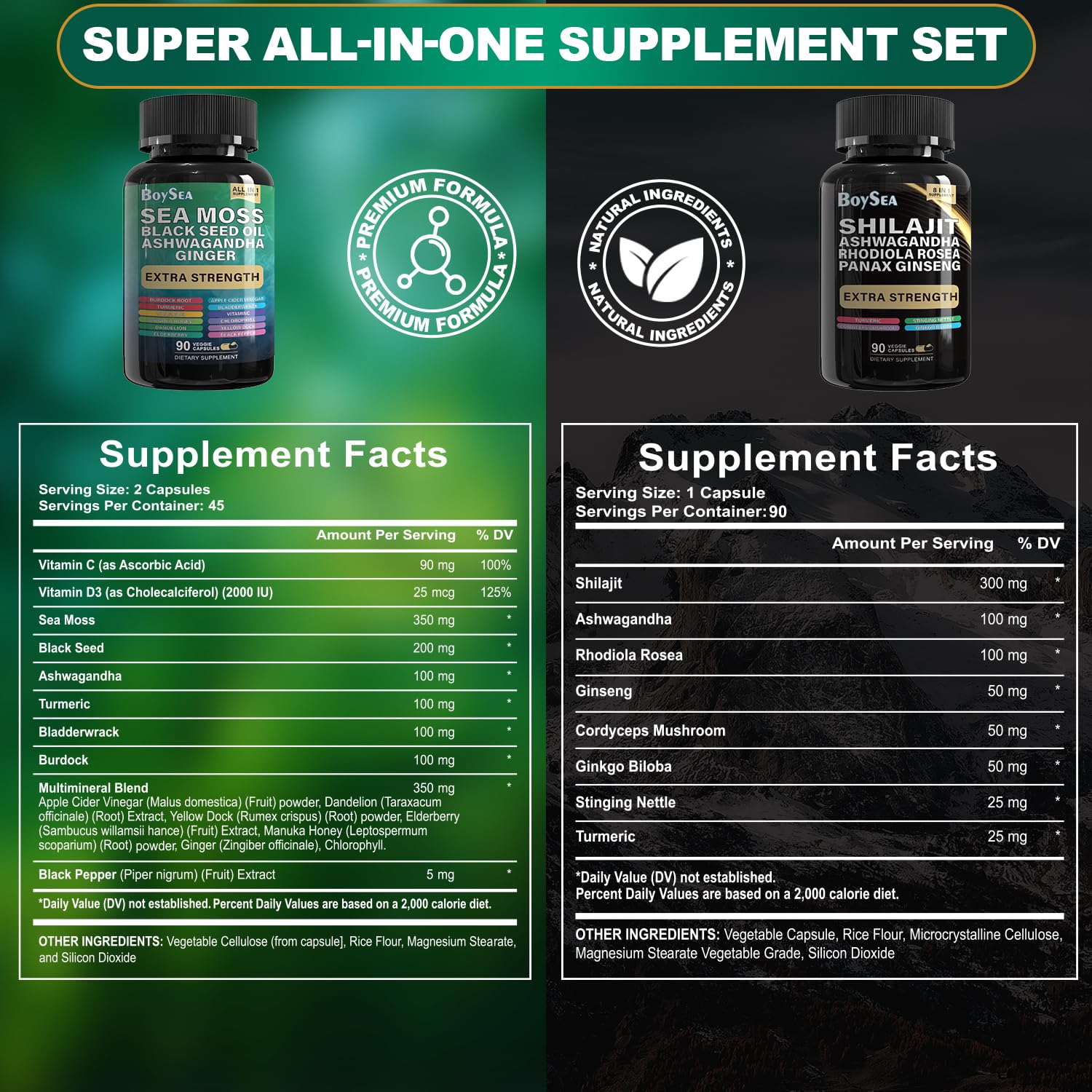 Gujisa Boysea Sea Moss and Black Seed Oil capsule bottle supplement facts and ingredient list