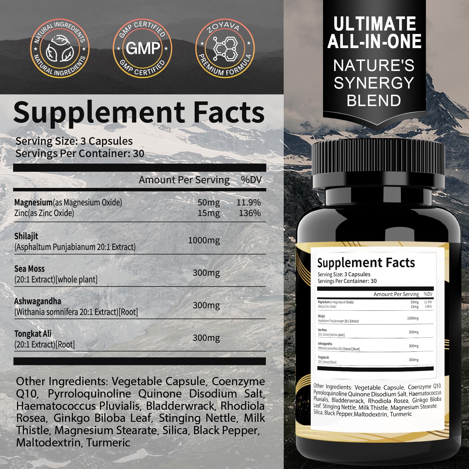 Uheco 19 in 1 shilajit and sea moss supplement nutritional facts label