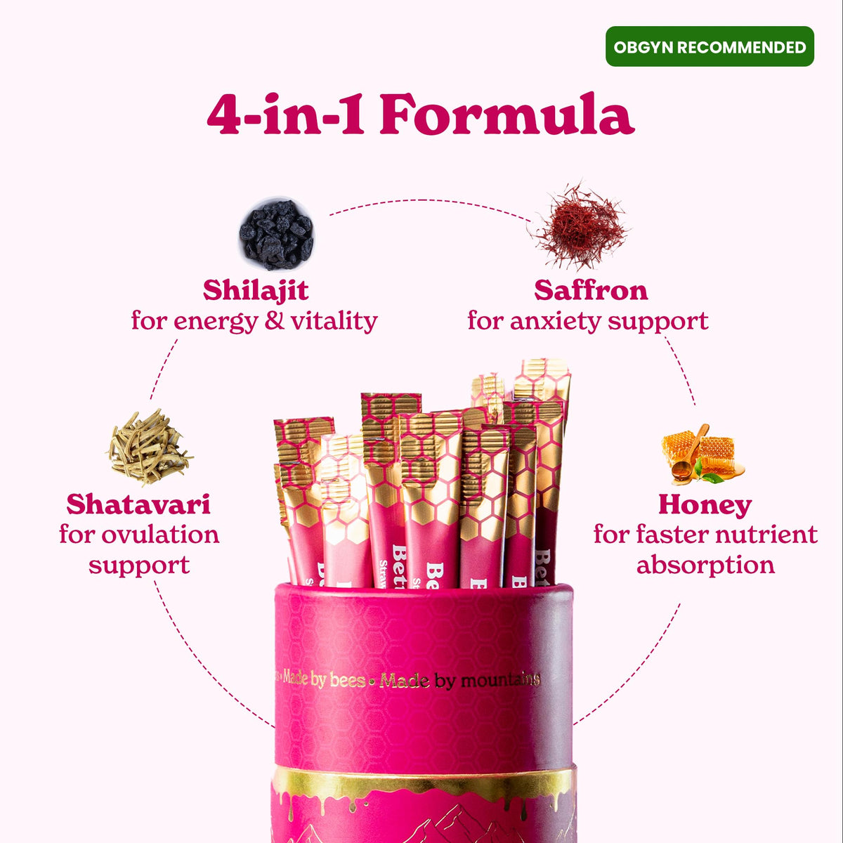 Premium Himalayan shilajit honey packs with natural strawberry flavor for daily female energy.
